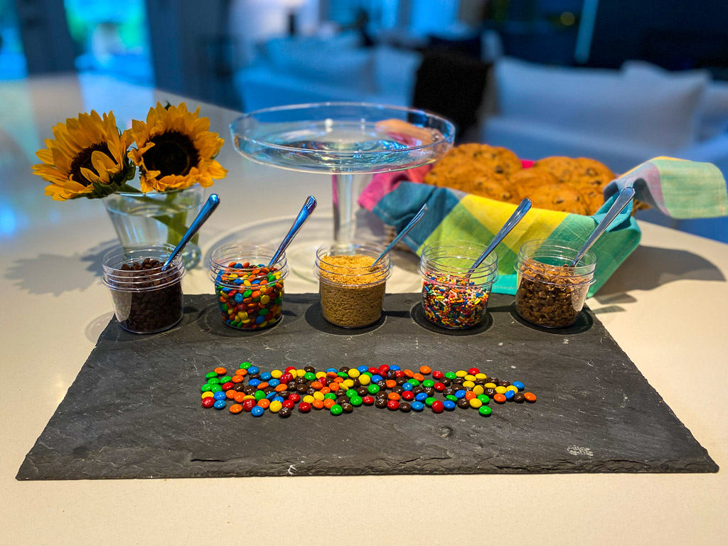 Ice cream cookie sandwich toppings are spread out on a slate tray, M & M candies, oreo crumbs, sprinkles, heath bar crumbles are perfect toppings, ice cream sandwich dessert