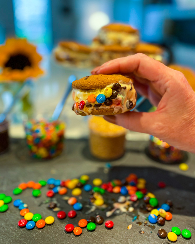 Homemade ice cream sandwich recipe, ice cream sandwich bar, ice cream sandwich with m & m candies on the side 