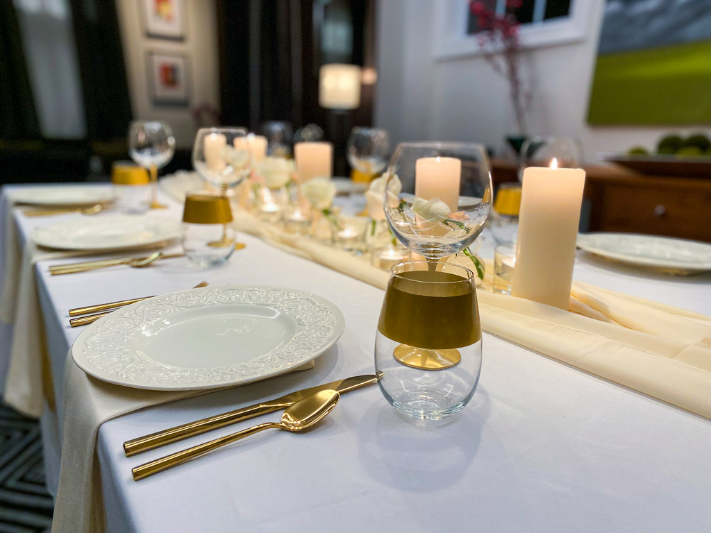 modern table setting with vintage china