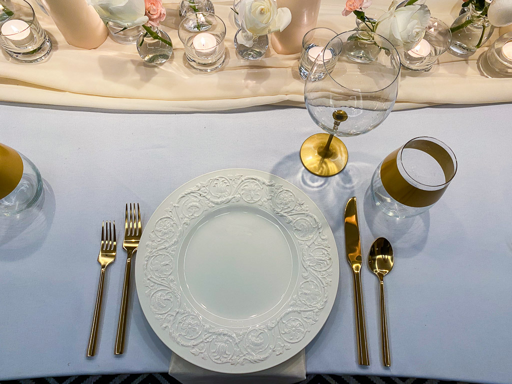 modern table setting with vintage china