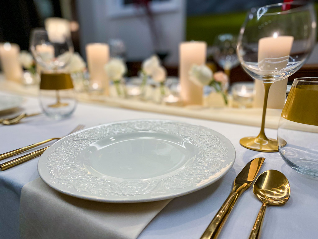 modern table setting with vintage china