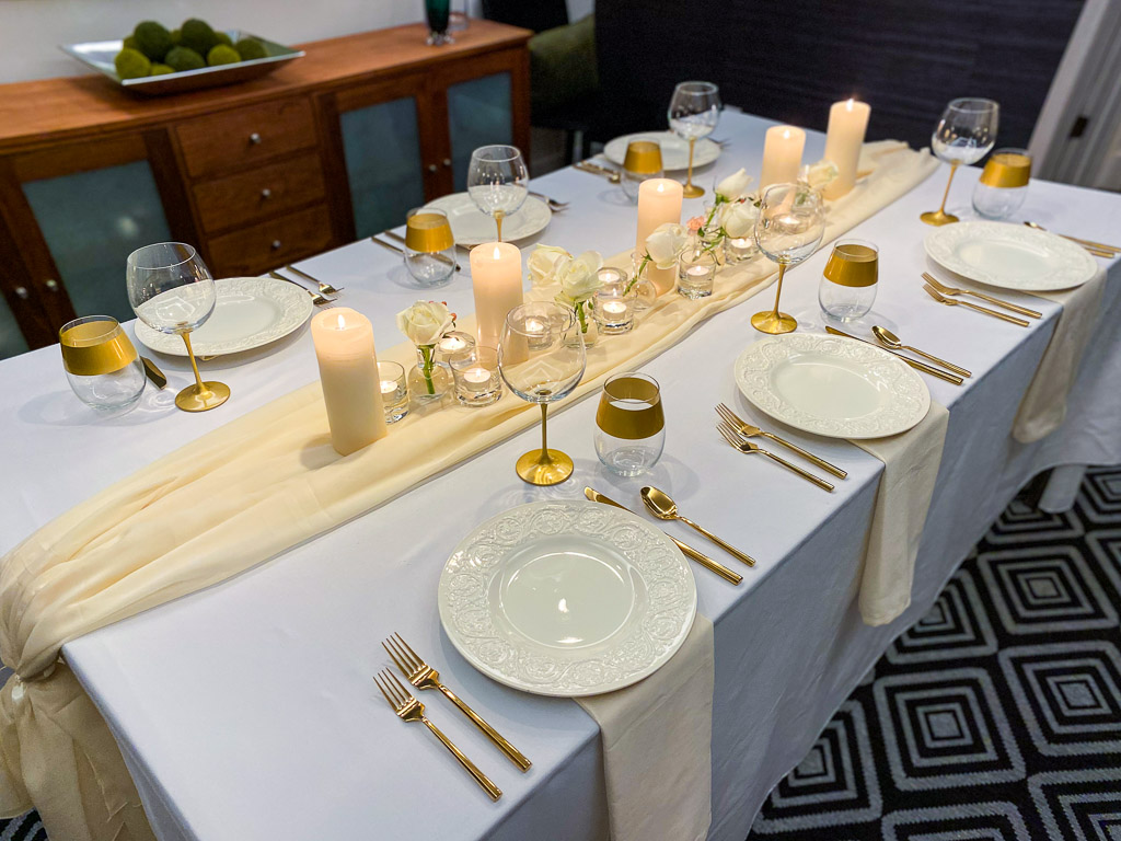 modern table setting with vintage china