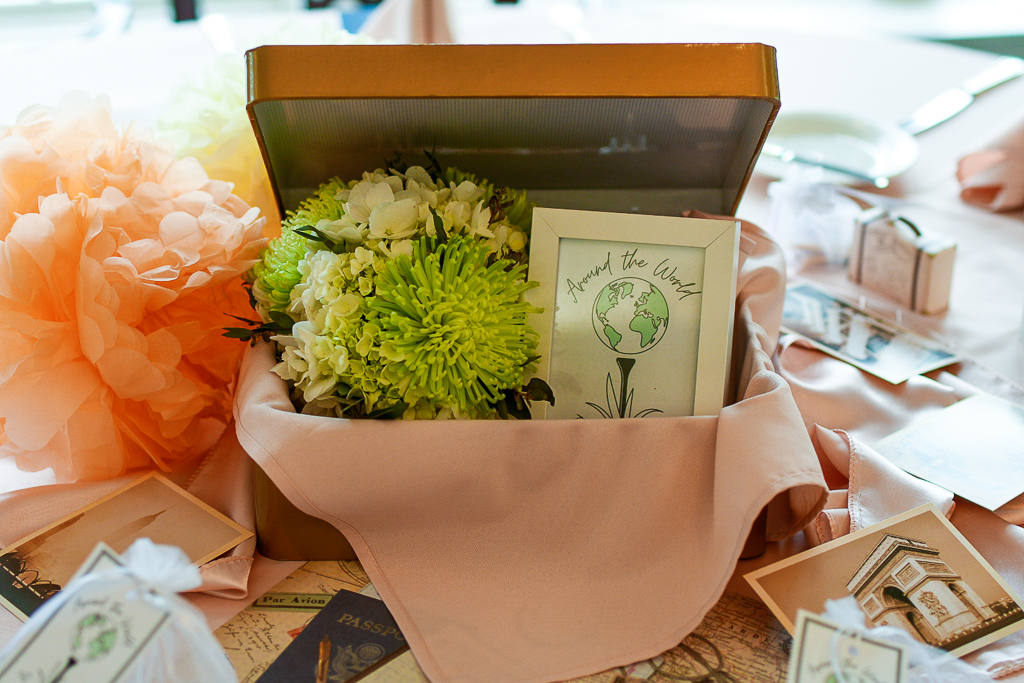 Great travel theme party ideas include vintage travel theme postcards, suitcase centerpieces, and a floral arrangement with Fuji mums and hydrangeas, they are perfect with blush table linens. Travel party decorations, travel theme ideas.