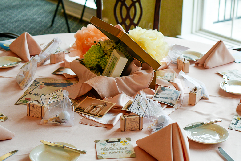 travel theme party ideas, Great travel theme party ideas include vintage travel theme postcards, suitcase centerpieces, and a floral arrangement with Fuji mums and hydrangeas, they are perfect with blush table linens, great travel party decorations