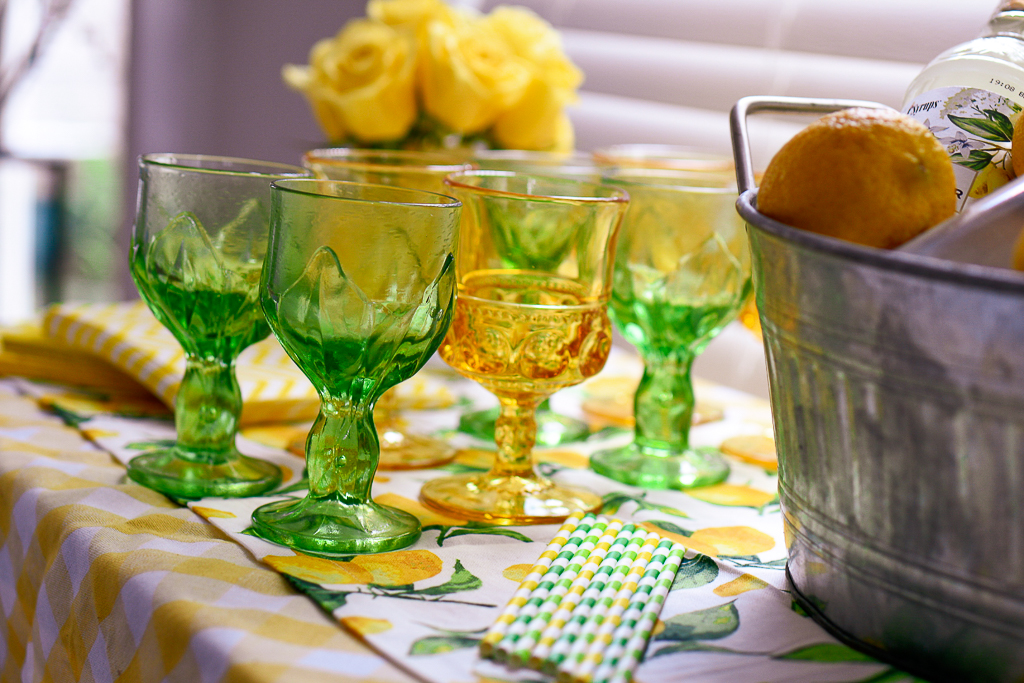 Home accents, event planning, home decor, vintage glassware, vintage green glassware, vintage yellow glassware, lemon table runner, lemon theme decor, lemon theme party ideas, lemonade cocktail recipes