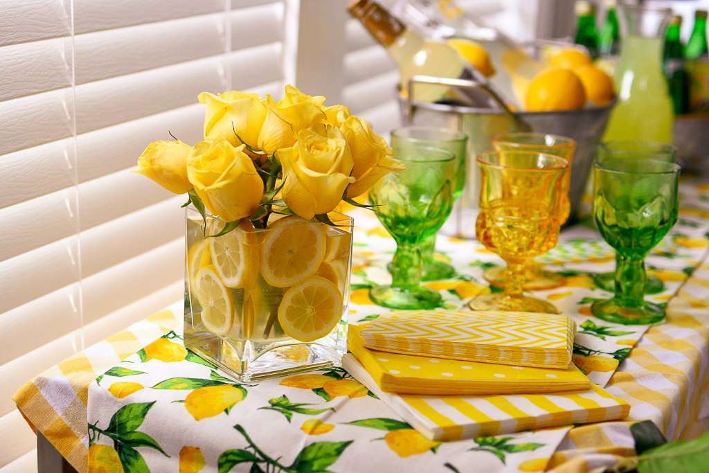  Home accents, event planning, home decor, vintage glassware, vintage green glassware, vintage yellow glassware, lemon table runner, lemon theme decor, lemon theme party ideas, lemonade cocktail recipes