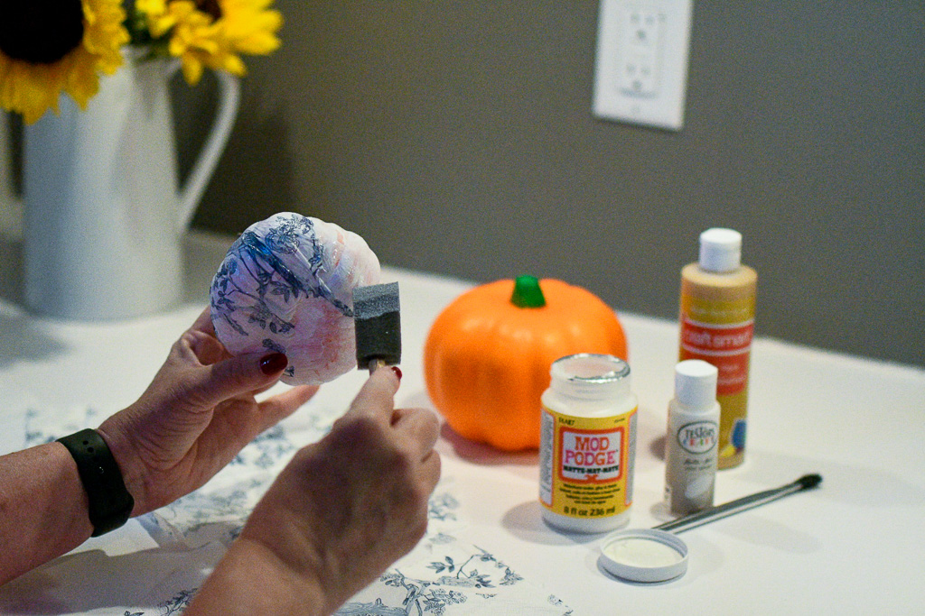 DIY Toile Pumpkins an Easy Chinoiserie Decoupage Pumpkin Idea