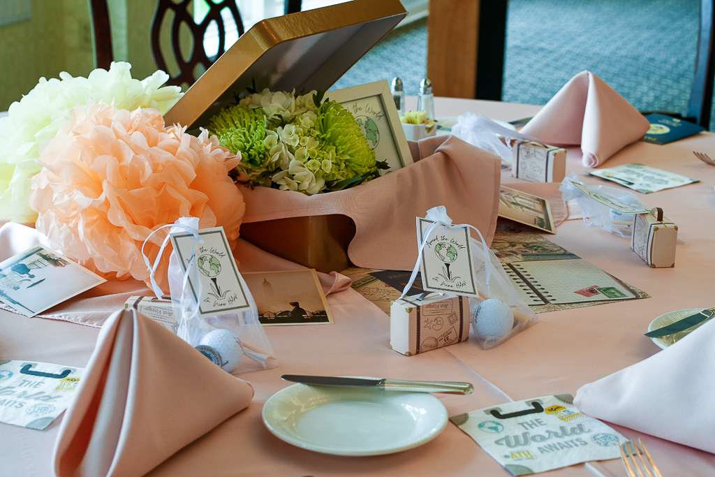 travel themed party idea, travel decorations, travel theme party ideas, Great travel theme party ideas include vintage travel theme postcards, suitcase centerpieces, and a floral arrangement with Fuji mums and hydrangeas, they are perfect with blush table linens. Travel party decorations