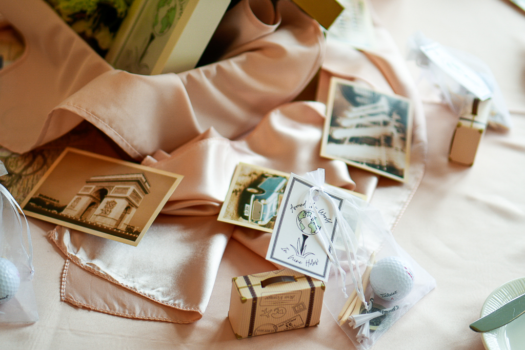 travel themed party idea, travel decorations, travel theme party ideas, Great travel theme party ideas include vintage travel theme postcards, suitcase centerpieces, and a floral arrangement with Fuji mums and hydrangeas, they are perfect with blush table linens. Travel party decorations
